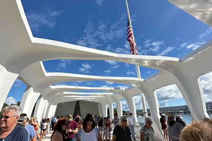 Small group at the USS Arizona Memorial on a Pearl Harbor tour from Honolulu, illustrative scene