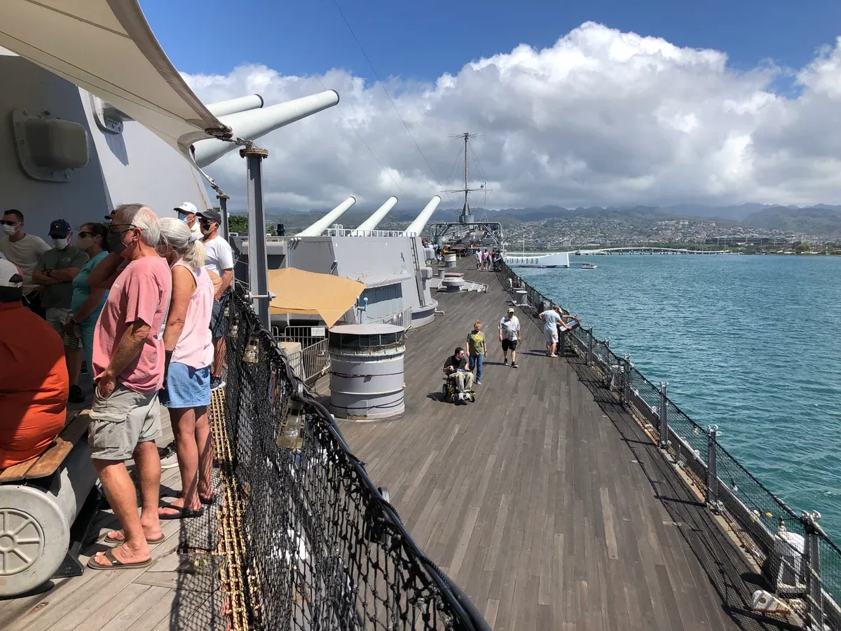 View from the surrender deck of USS Missouri toward the Arizona Memorial on a Pearl Harbor tour