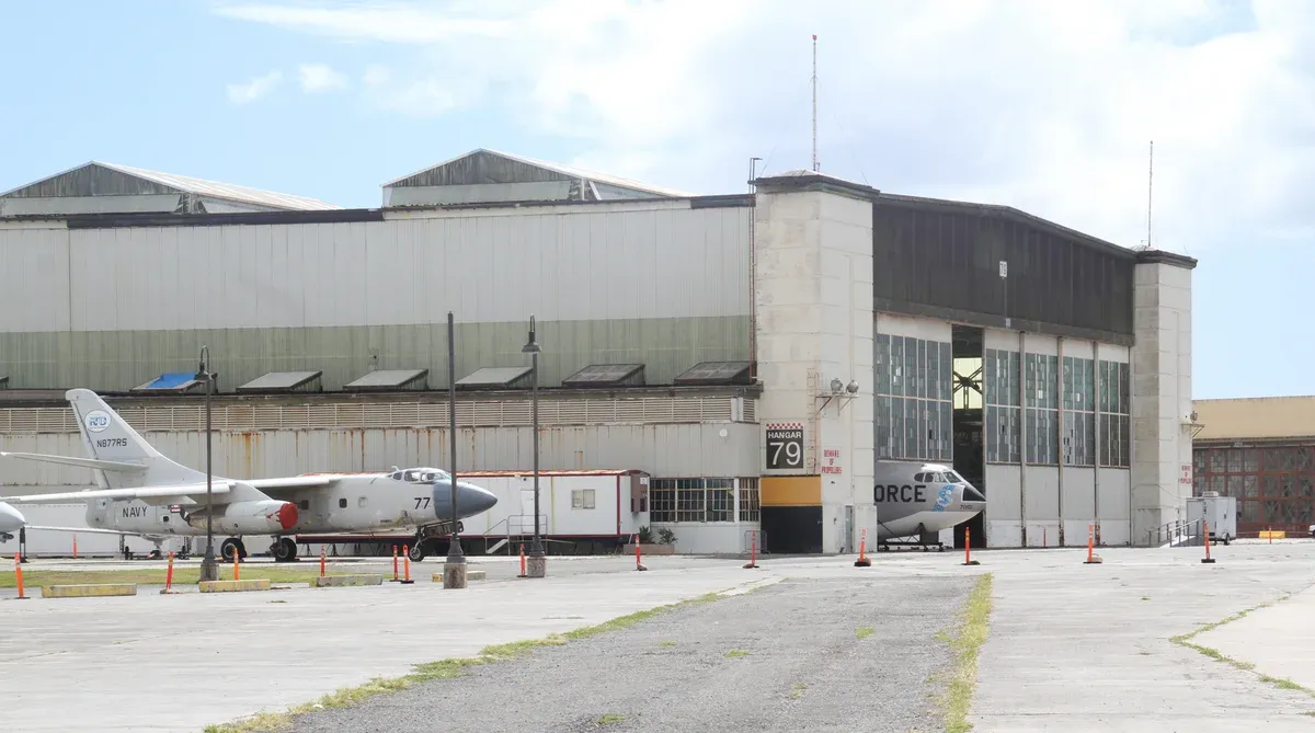 Hangar 79 and a jet at the Pacific Aviation Museum on a full-day Pearl Harbor tour