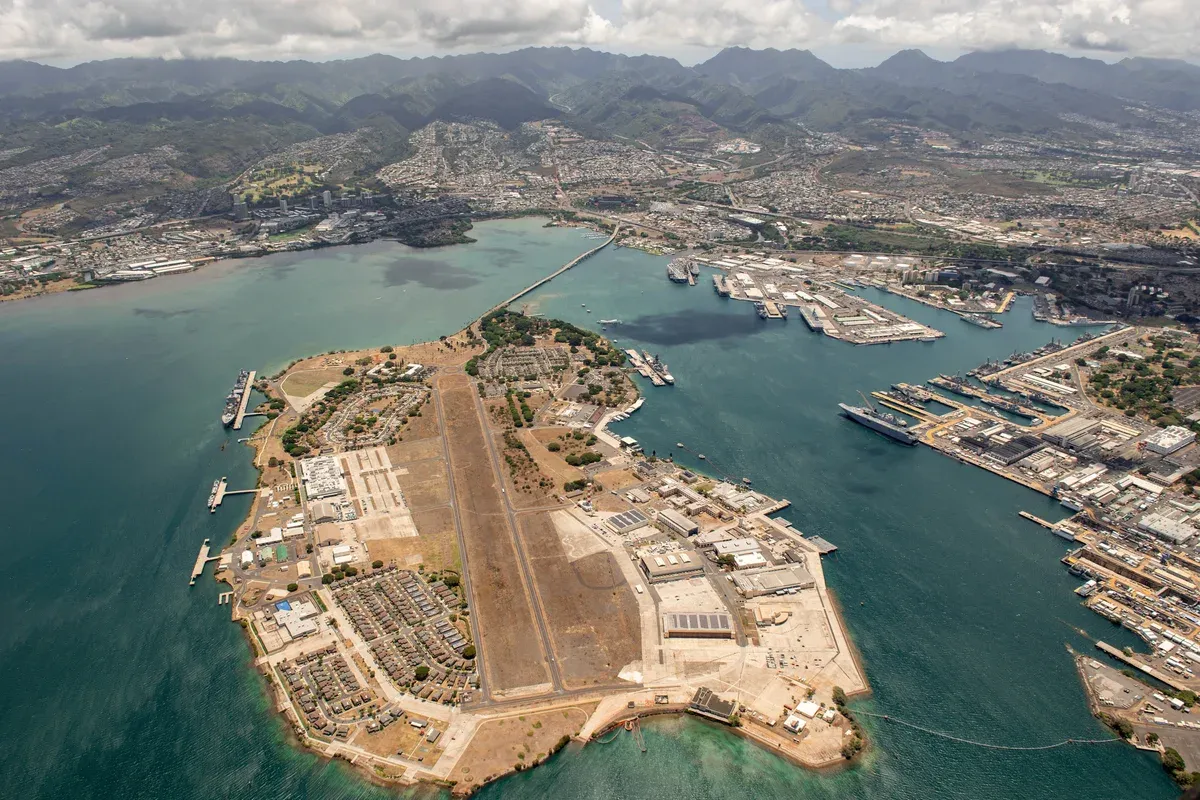 Aerial view of Ford Island in Pearl Harbor, the island visited on Pearl Harbor tours from Honolulu