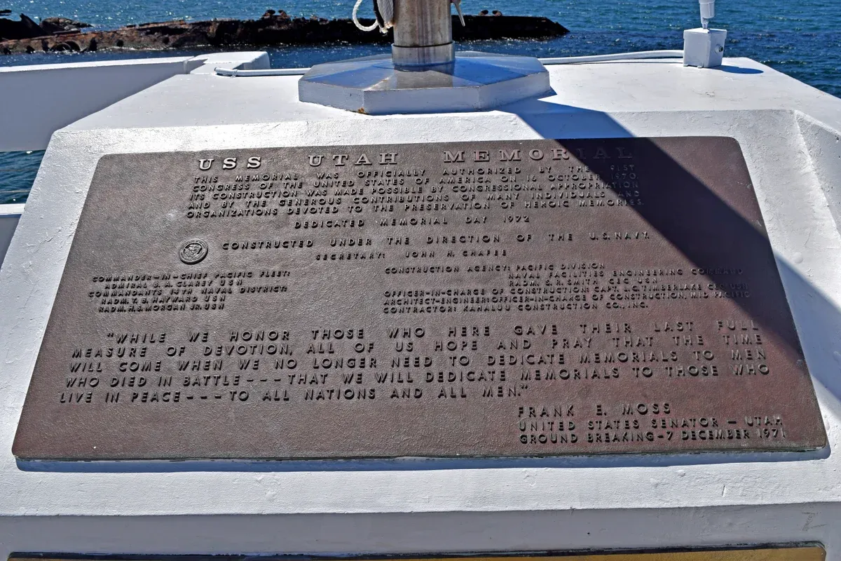 USS Utah Memorial plaque on Ford Island, seen on a Pearl Harbor tour