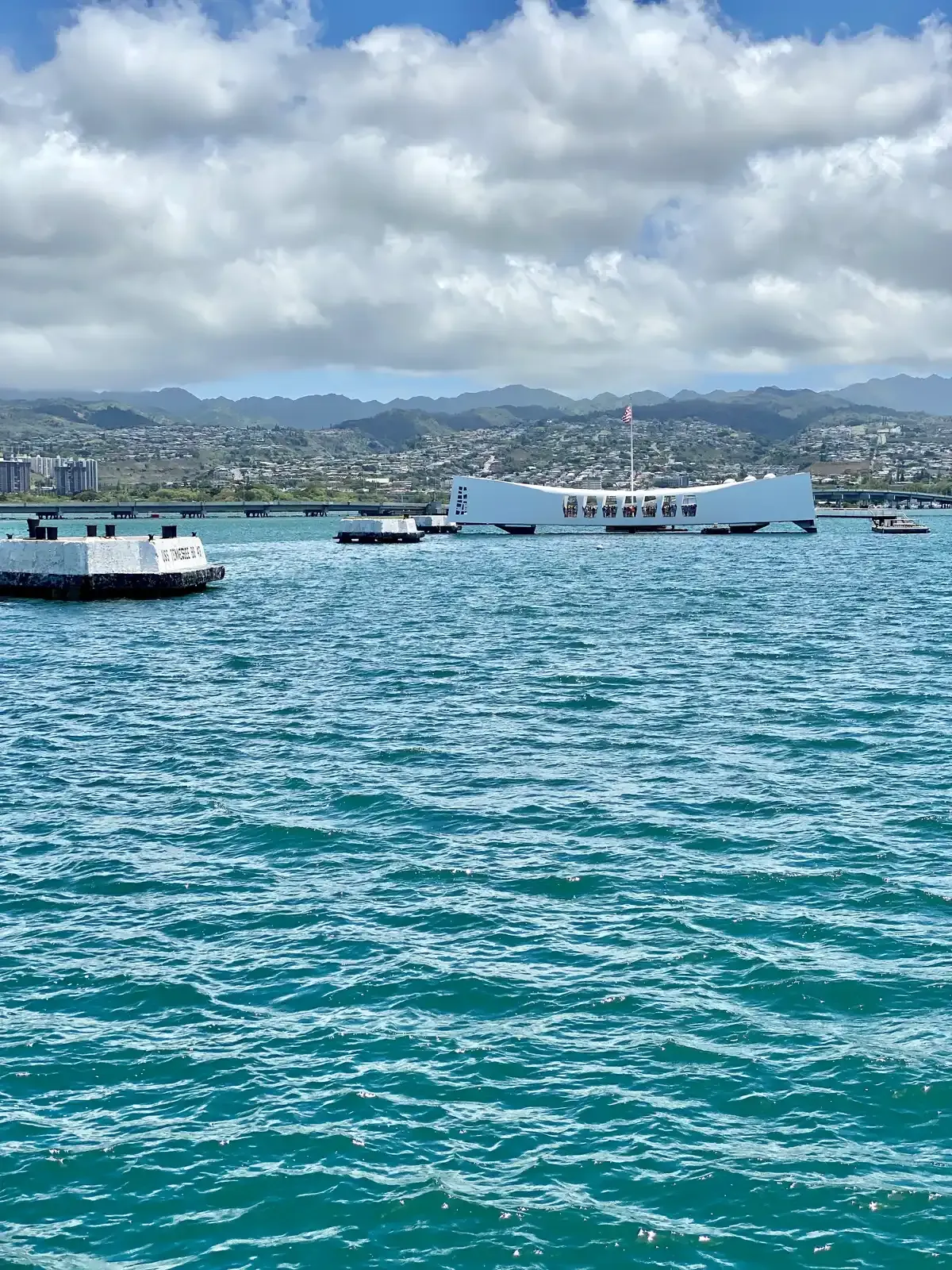Waterfront view of the USS Arizona Memorial from the Pearl Harbor tour area