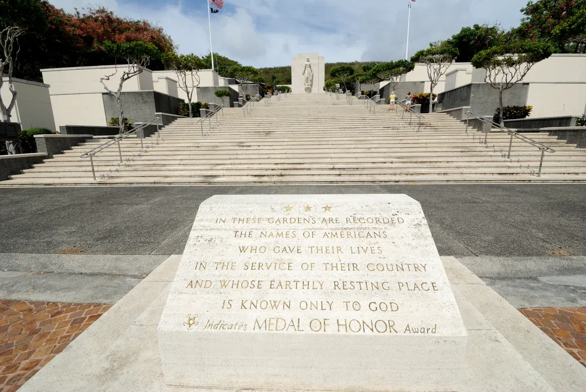 Courts of the Missing steps and inscription at Punchbowl on a Pearl Harbor tour