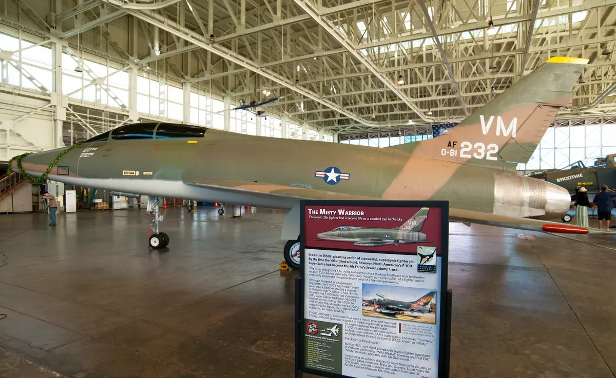 F-100 jet in the Pearl Harbor Aviation Museum, seen on a Pearl Harbor tour by coach