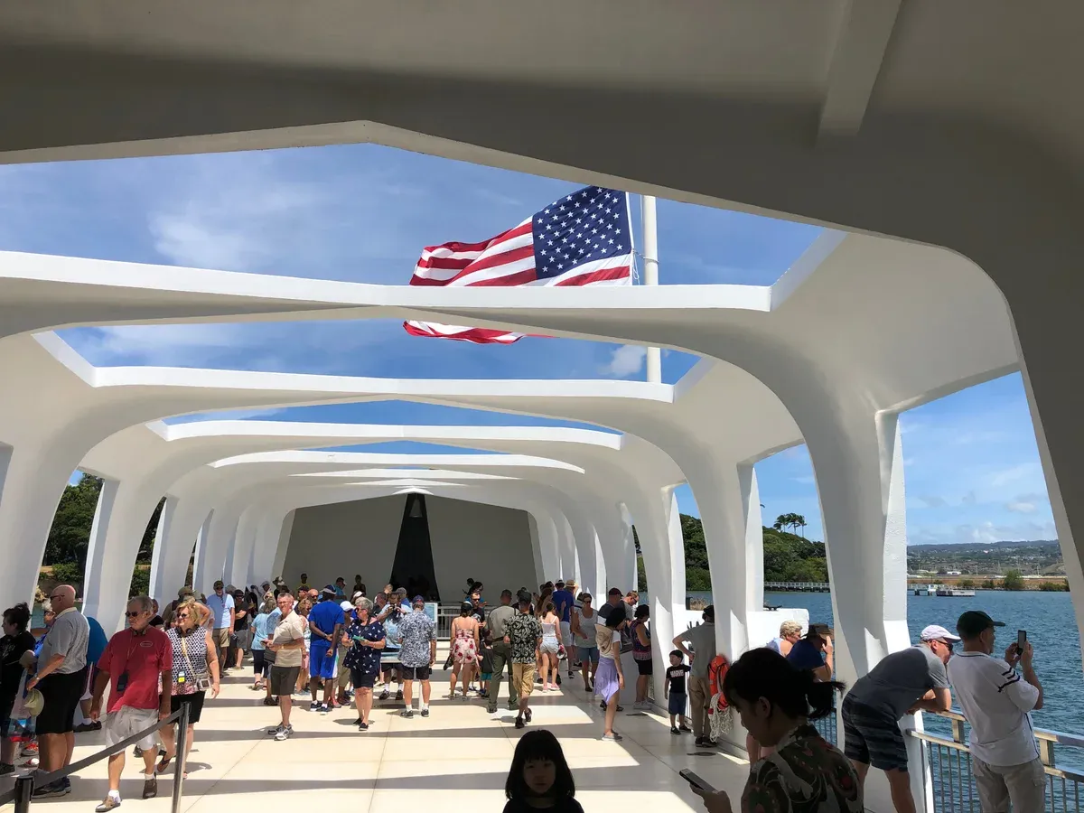 USS Arizona Memorial structure reached on a Pearl Harbor tour from Honolulu